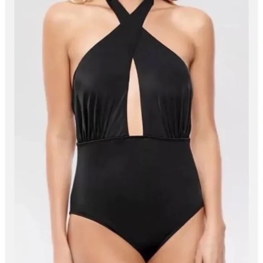 Beach Betty by Miracle Brands Black One Piece Swimsuit Halter Tie Top Size L